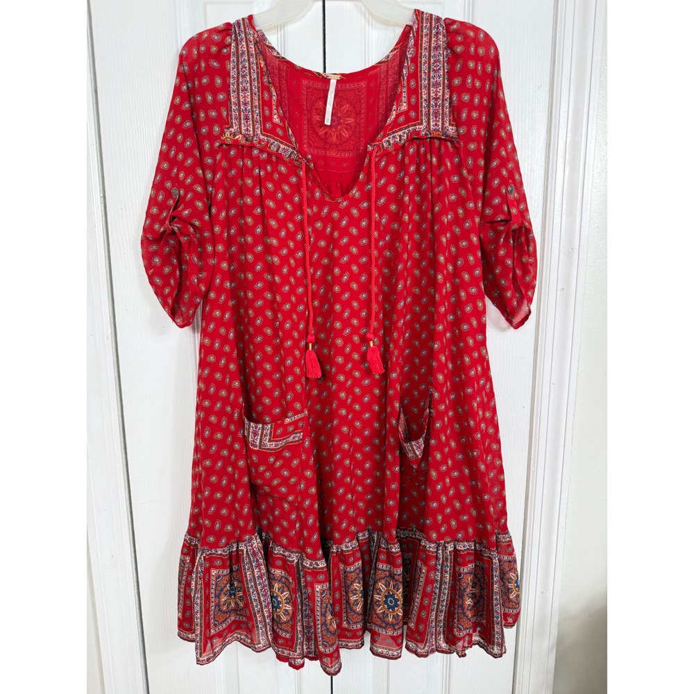 Free People Penny Lane Dress XS Red Paisley Boho Mini Tunic Tassel